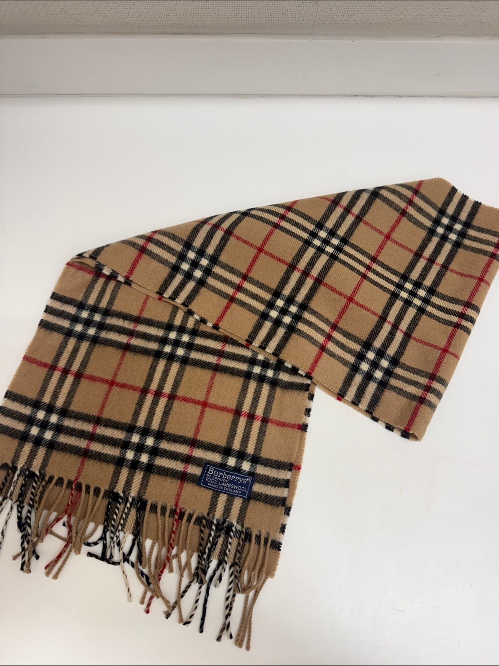 Burberry Tan Plaid Wool Scarf with Black & Red Accents